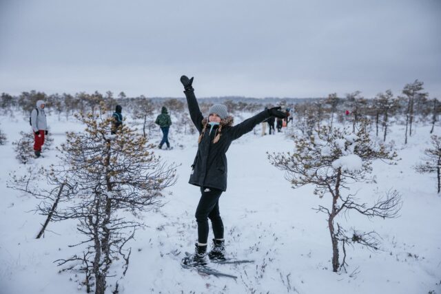 Lumeräätsamatk Rubina soo rabas. Ületame üheskoos liikudes "jõulupohmelli". Suur grupp liigub loodusgiidide saatel lagaste ja rabasaarte vahel.