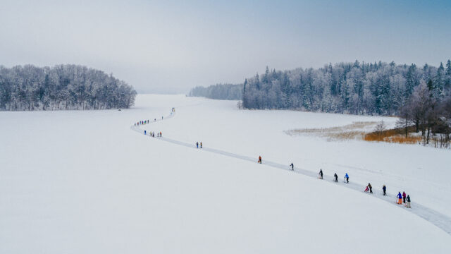 Tõukekelgutajad Talvepealinnas Otepääl, Pühajärve jääradadel. Droonifoto. Jäärada kulgeb Sõsarsaarte ja maismaa vahelt. Taamal uduloori alla järve vastaskallas.