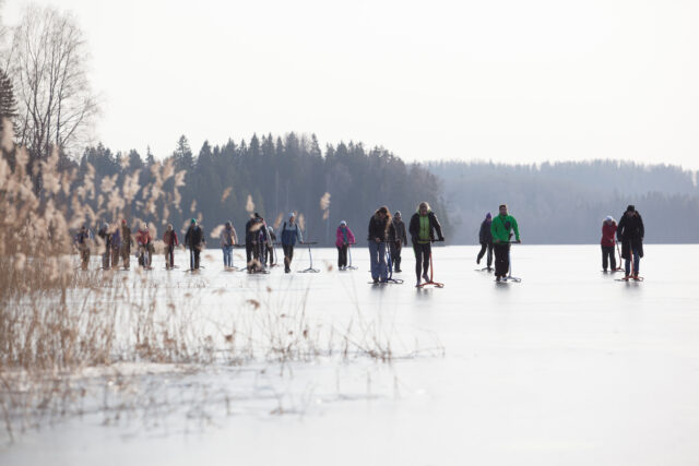 Pühajärve lumevabal lausjääl matkab suur grupp tõukekelgutajaid. Esiplaanil pilliroog ja matkajate taga kõrgub reljeefne maastik.